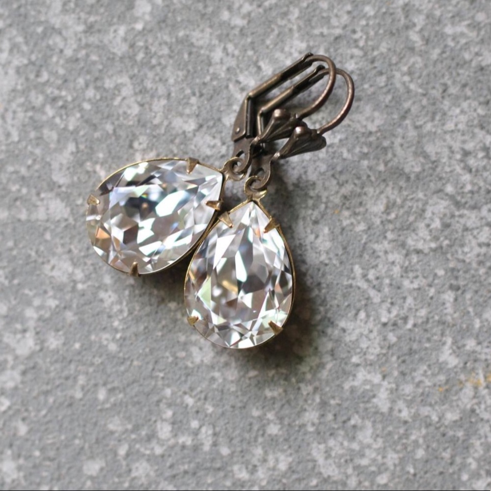 Antiqued Brass Swarovski Crystal Teardrop Earrings